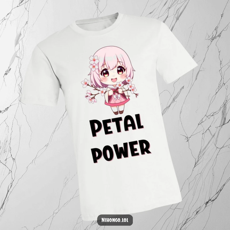 Funny t-shirt featuring a beaming character holding a beautiful cherry blossom branch, symbolizing happiness and new beginnings.