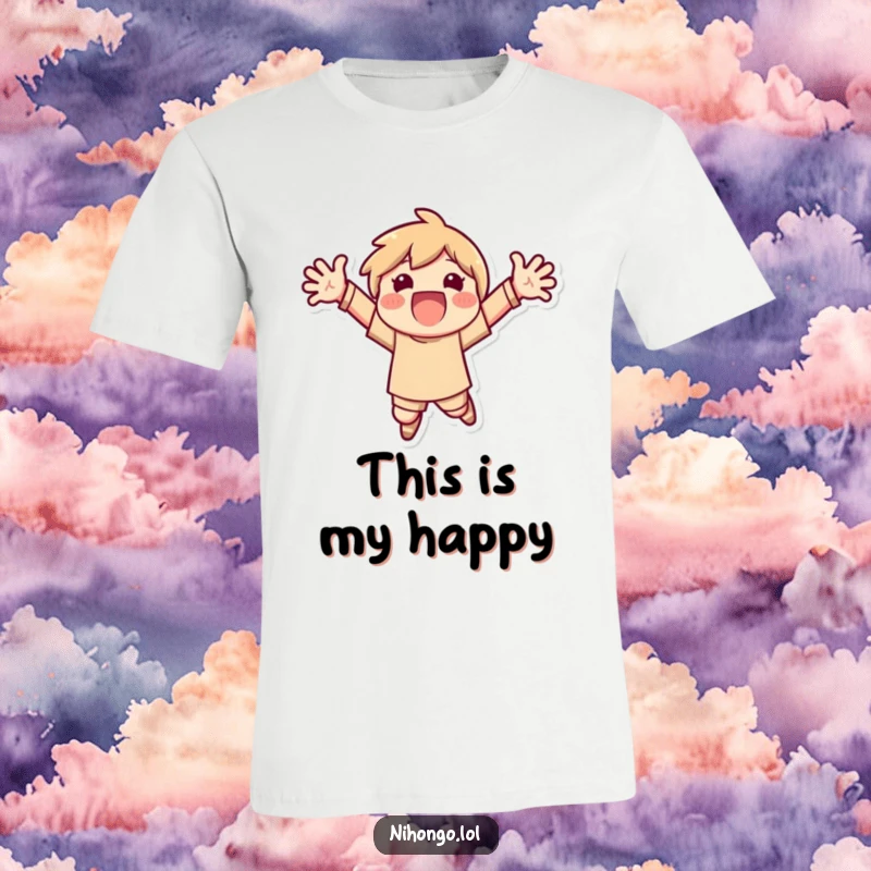 Funny t-shirt featuring a character jumping with arms outstretched, symbolizing extreme excitement and energetic fun.