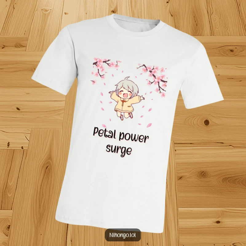 Funny joyful character t-shirt depicting a character leaping with joy amidst falling cherry blossoms, radiating pure, comical elation.