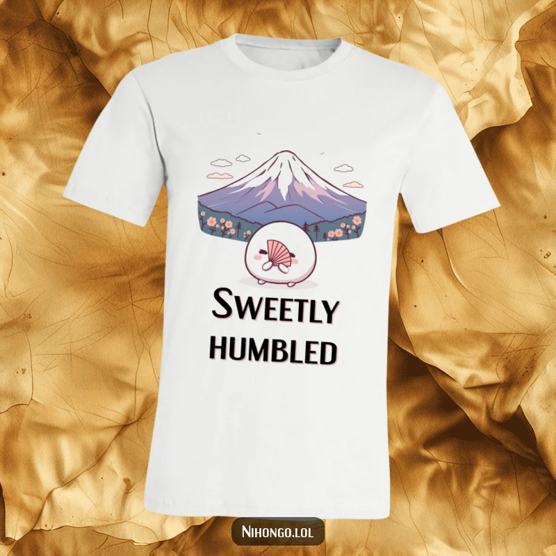 Funny t-shirt graphic of a shy mochi ball with a tiny fan, bowing to Mount Fuji, charming and humorous.