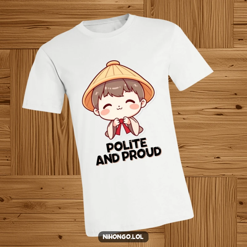 Funny T-shirt showing a smiling character wearing a Japanese hat, performing a polite and respectful bow.