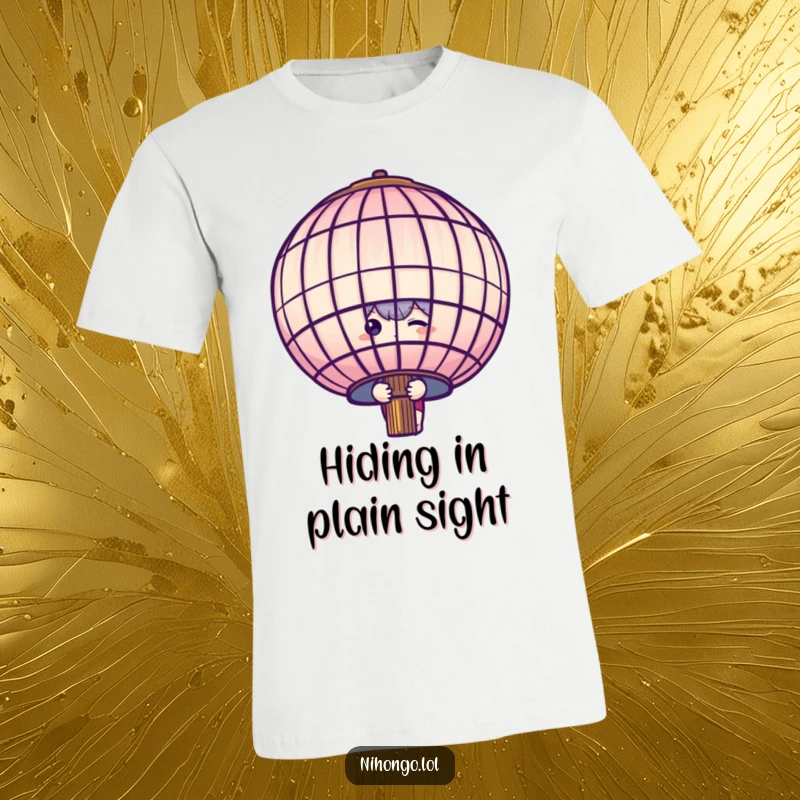 Funny shy character peeking from behind a large paper lantern, printed on a soft t-shirt, conveying gentle shyness.