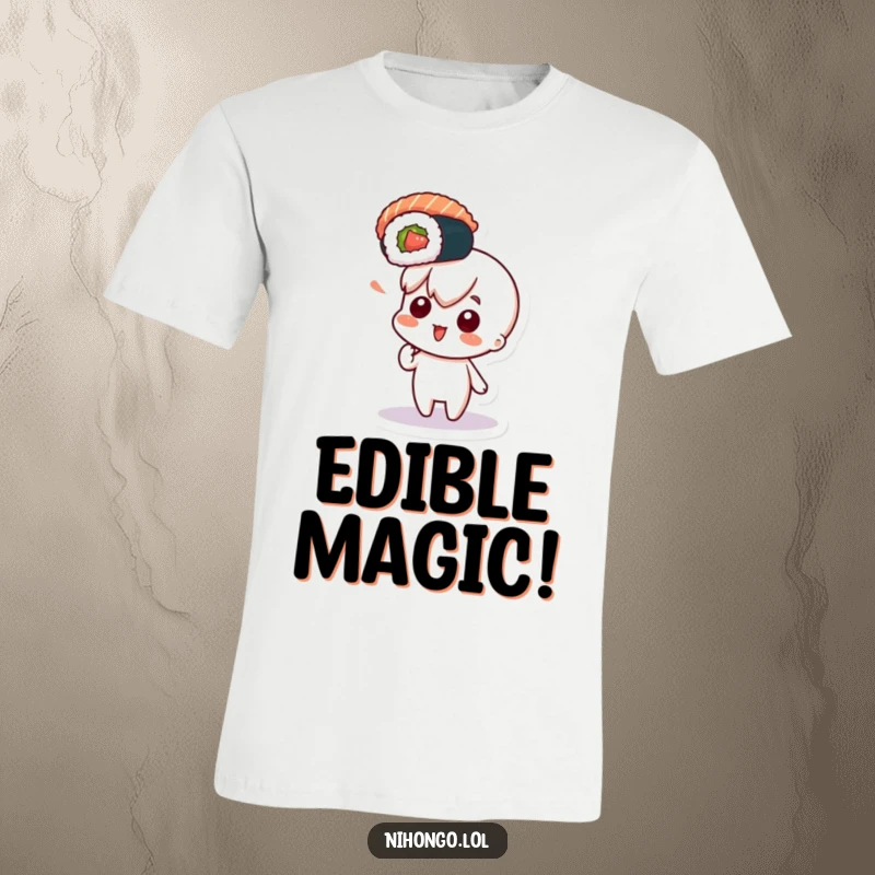 Funny t-shirt with a character pointing excitedly at a floating sushi roll, expressing pure delight and culinary curiosity.