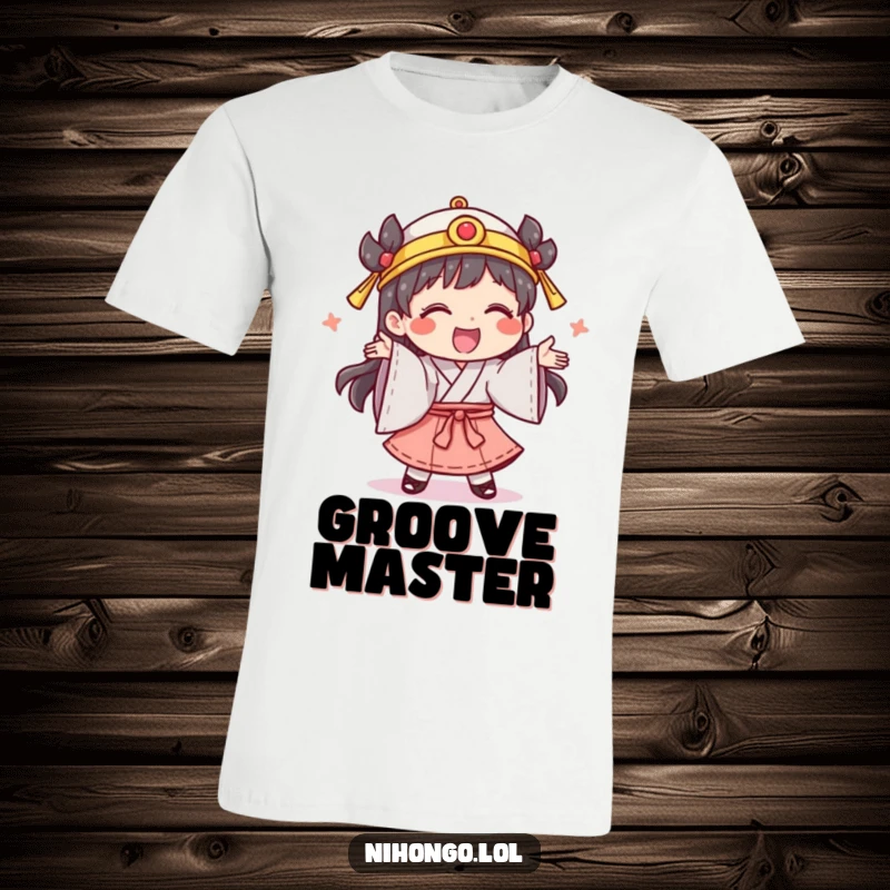 Funny t-shirt showing a giggling character in traditional clothing, performing a silly dance, perfect for joyful individuals.