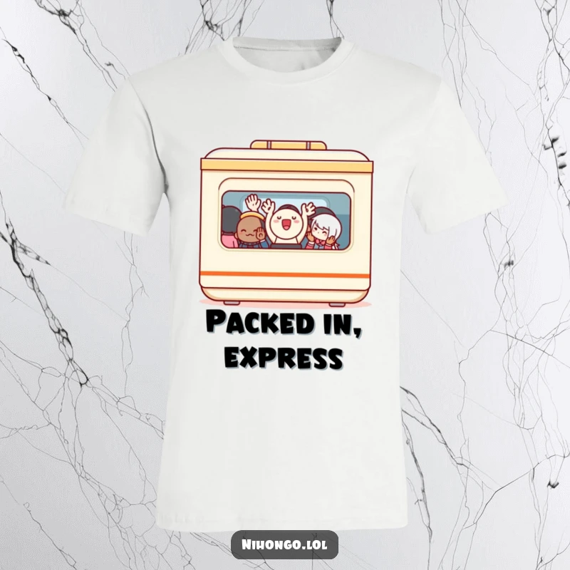 Funny T-Shirt: A cheerful bento box with itsy-bitsy arms enthusiastically waving from a super crowded train compartment, a comedic scene.
