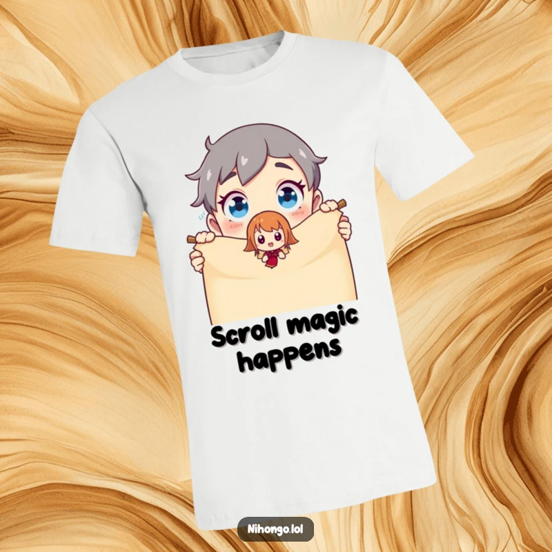 Funny T-Shirt: Character's shocked face mirrors the viewer's surprise as a magical animated being emerges from an ancient scroll.