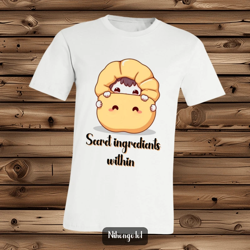 Funny t-shirt with a mischievous character peeking from behind a large, smiling fortune cookie, embodying playful secrets and humor.