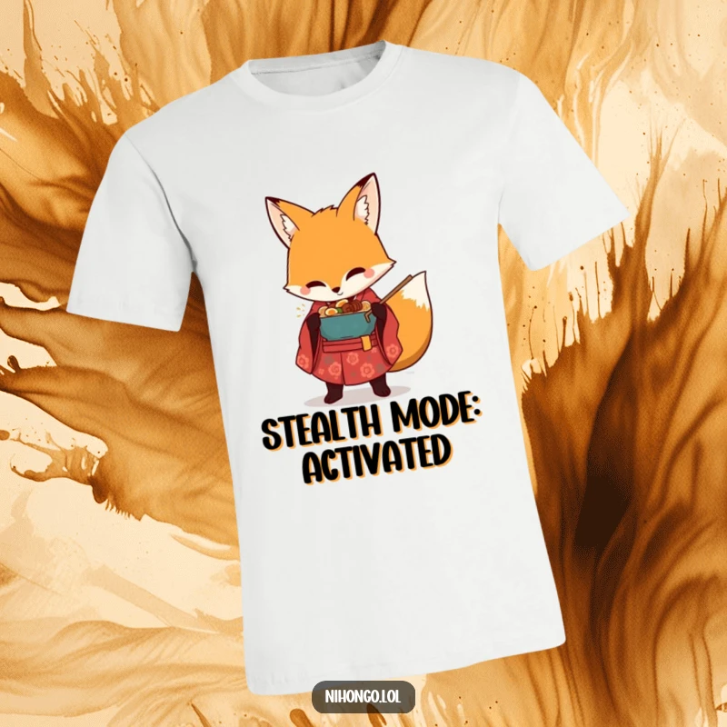 Funny t-shirt with a cute, mischievous fox in a small kimono, caught in the act of stealing a delicious bowl of ramen.