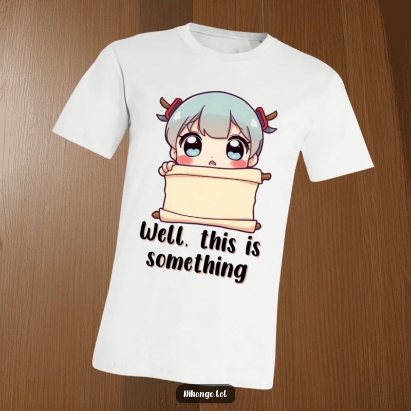 Funny T-Shirt with a character displaying extreme surprise and wide eyes upon reading a scroll, perfect for expressing shock and amusement.