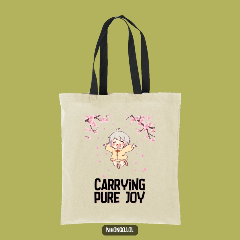 Funny Joyful Character Tote Bag - Carry Your Happiness and Cherry Blossom Vibes