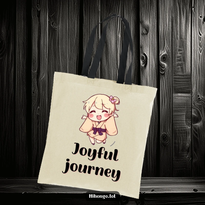 Funny Tote Bag featuring a playful character in a kimono jumping energetically, a stylish and humorous accessory.