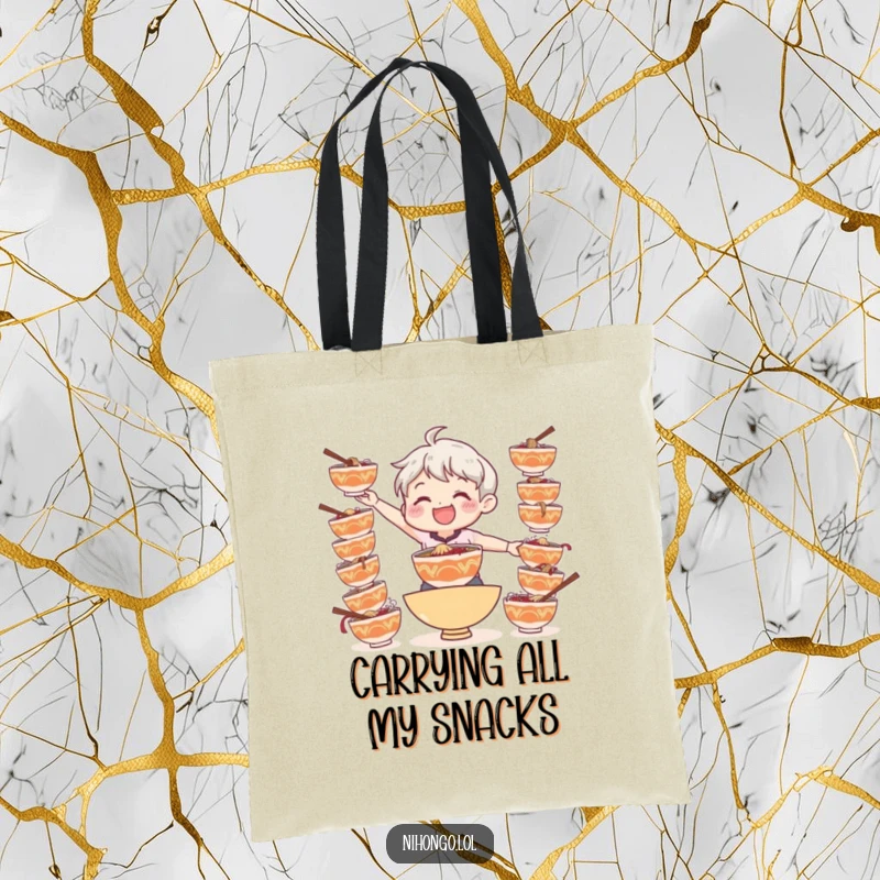 Funny tote bag with a smiling character trying to balance numerous bowls of ramen, perfect for carrying essentials.
