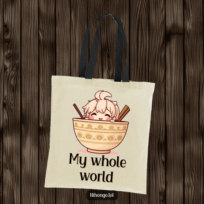 Funny Ramen Tote Bag: A charming tote bag with a character peeking from behind a giant ramen bowl, perfect for foodies.
