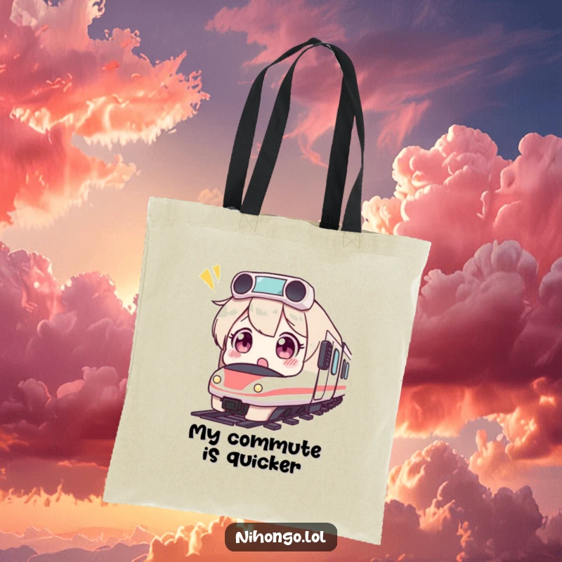 Funny tote bag featuring a surprised character with wide eyes looking at a small, fast bullet train, perfect for travelers.