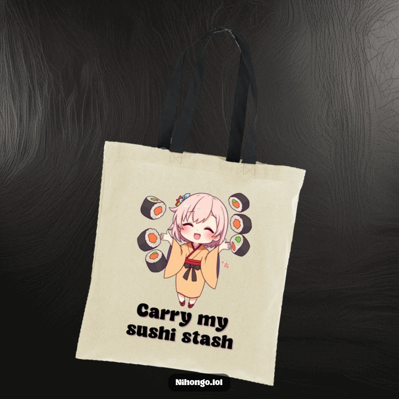 Funny Tote Bag with a character in a kimono juggling sushi rolls, perfect for market trips and jokes.